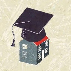 illustration large black graduation cap on house